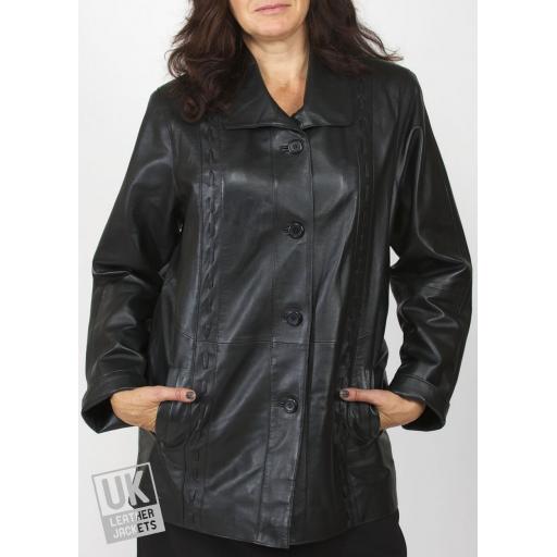 Ladies 3/4 Length Black Leather Jacket - Faith - Plus Size