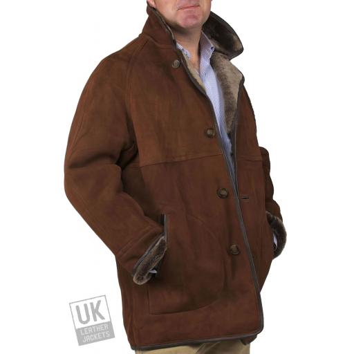 Finest Men's Dark Tan Shearling Sheepskin Car Coat - Envoy - Last few !