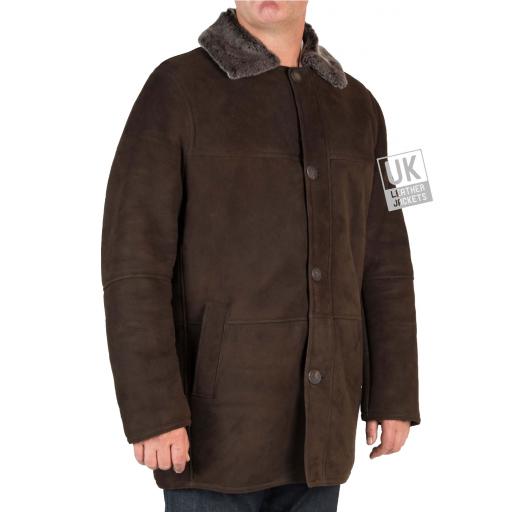 Mens Shearling Sheepskin 3/4 Length Coat - Sunningdale - Brown - Front