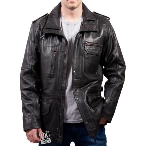 Men's Black Cow Hide Leather Coat Jacket - Portland - Main