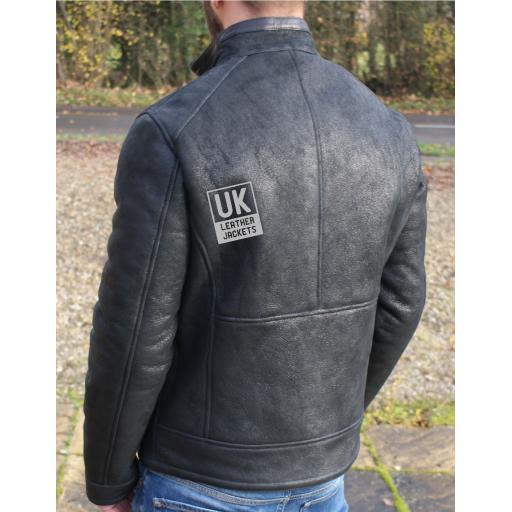 Mens Black Shearling Sheepskin Flying Jacket - Montreal -  Back