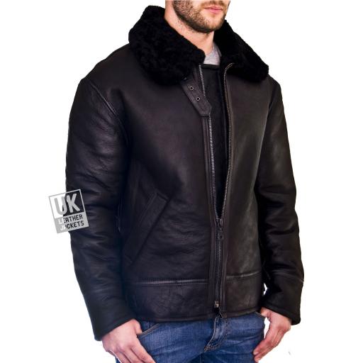 Men's Shearling Sheepskin Flying Jacket - Atlas - Black Wool - Lining