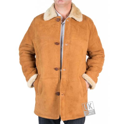 Mens Shearling Sheepskin 3/4 Length Coat - Sunningdale - Tan - Front Unbuttoned