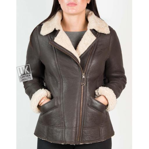 Womens Shearling Sheepskin Jacket - Anara - Mocha Cream - Front