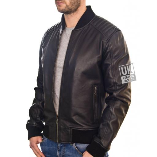 Men's Black Leather Bomber Jacket - Ventega - Front