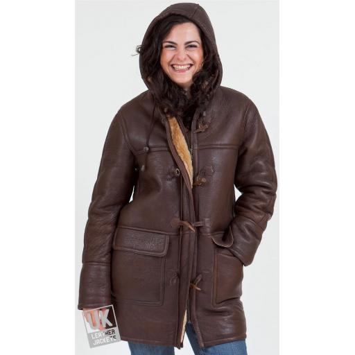 Women's Brown Sheepskin Duffle Coat - Dena - Plus Size - Front