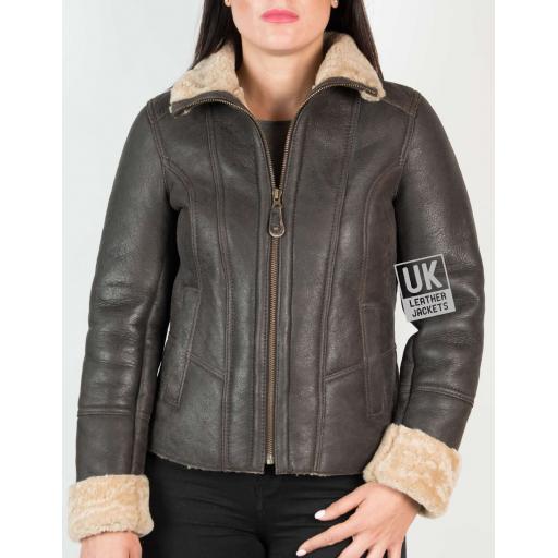 Womens Sheepskin Jacket - Funnel Neck Zip Thru Collar - Ella - Front