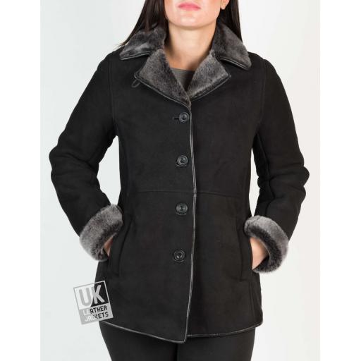 Womens Black Shearling Sheepskin Jacket - Hip Length - Dana - Revered Collar