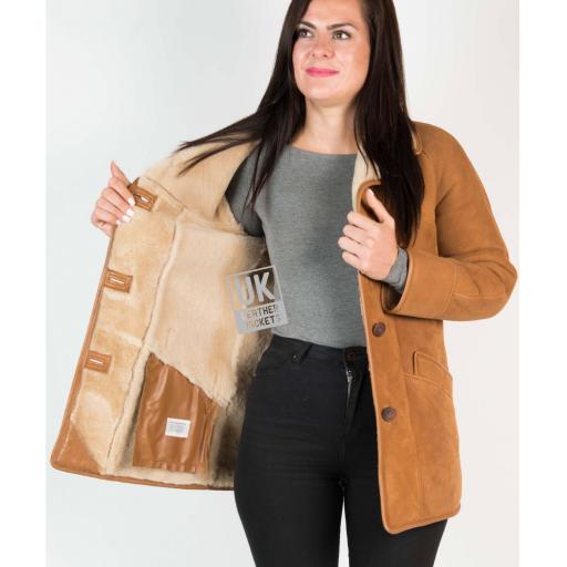 Womens Tan Shearling Sheepskin 3/4 Length Car Coat - Honor - Wool Lining