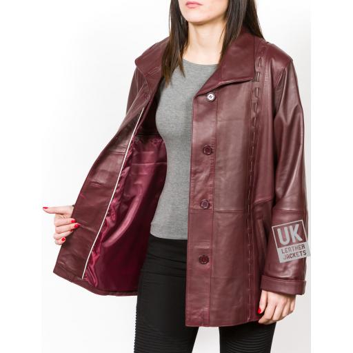 Ladies  3/4 Length Burgundy Leather Coat Jacket - Faith - Lining