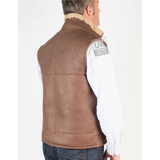 Mens Shearling Sheepskin Gilet - Vancouver - Chestnut Tan - Back