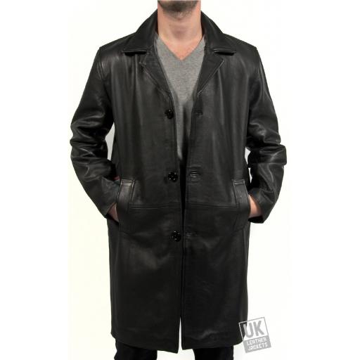 Men's Knee Length Black Cow Hide Leather Coat - Saint - Front Open