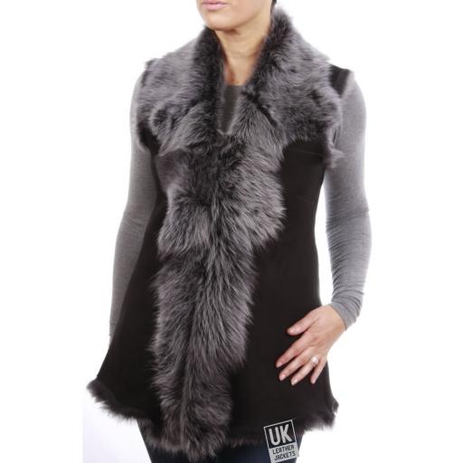 Long Toscana Sheepskin Gilet - Black Snow Tipped - Front 2