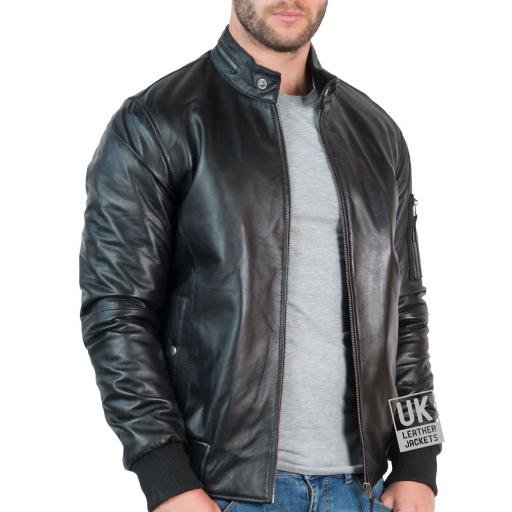 Men's Black Leather Bomber Jacket - Voltan - Front