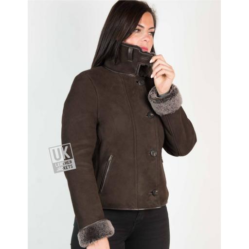 Womens Brown Shearling Sheepskin Jacket - Aspen - High Button Collar