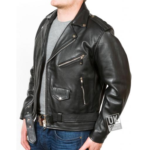 Men's Cross Zip Belted Biked Jacket - Superior Black Cow Hide - Brando - Side