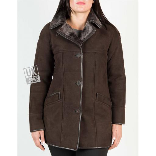 Womens Brown Shearling Sheepskin Car Coat - Honor - Revered Collar