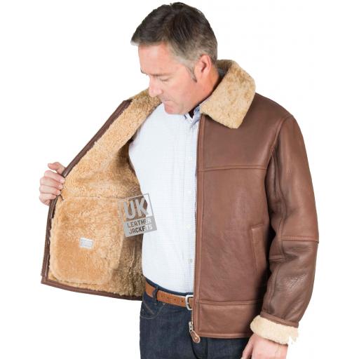 Mens Shearling Sheepskin Flying Jacket - Calibre - Chestnut Tan - Wool Interior