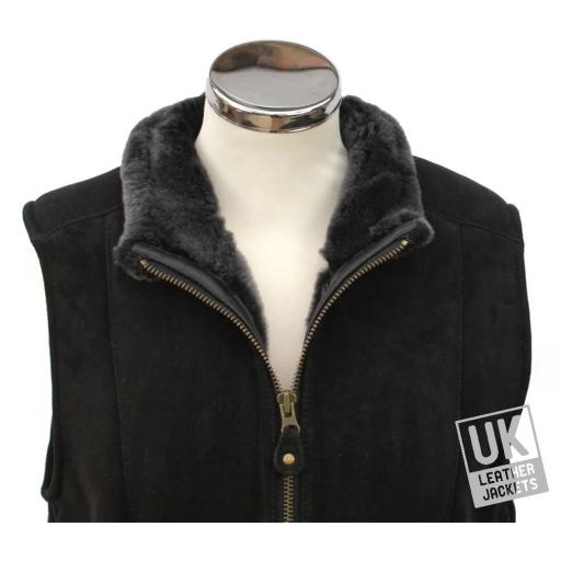 Womens Shearling Sheepskin Zip Gilet - Black Suede - High Zip Through Collar