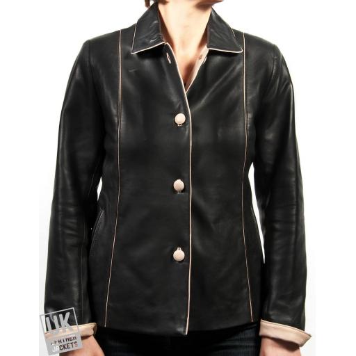 Women's Black Leather Jacket - Ivory Trim - Plus Size - Cameo