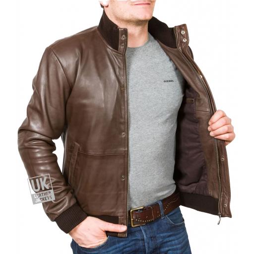 Men's Black Leather Bomber Jacket - Pacific - Lining