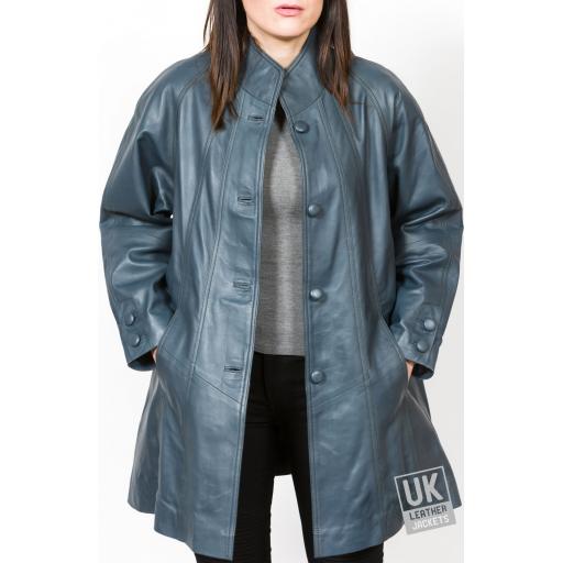 Women's Blue Leather Swing Coat - Plus Size - Delia - Front