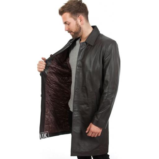 Men's Knee Length Brown Leather Coat - Saint - Lining