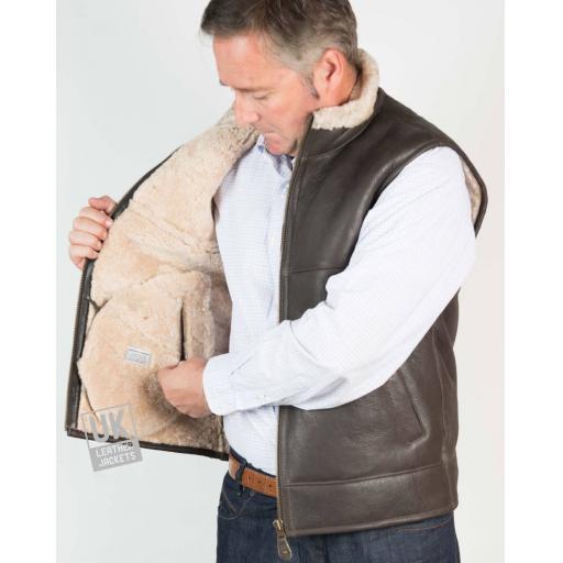 Mens Shearling Sheepskin Gilet - Vancouver - Brown - Inside Zip Pocket