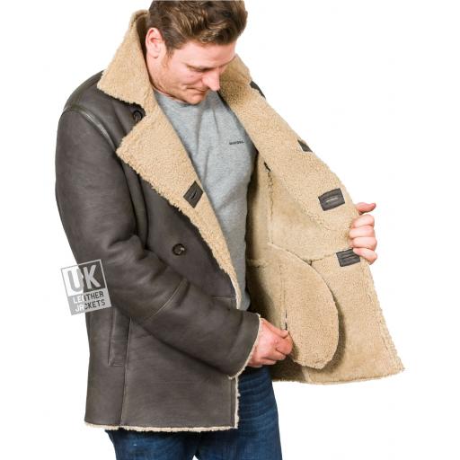 Men’s Black Double Breasted Shearling Sheepskin Jacket - Pea Coat - Lining