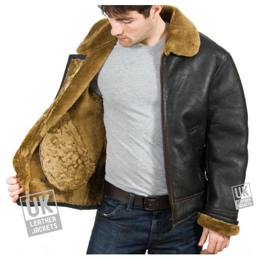 Men's Shearling Sheepskin Flying Jacket - Atlas - Brown Wool - Lining