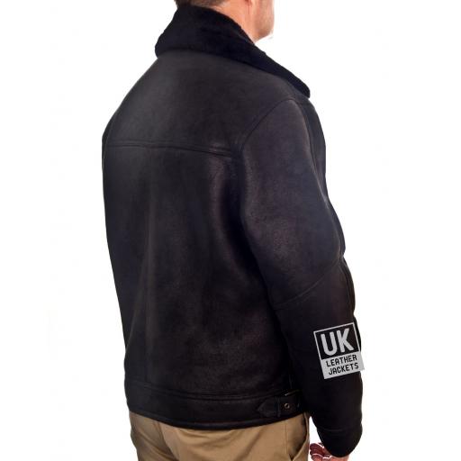 Mens Black Shearling Sheepskin Flying Jacket - Vail - Back