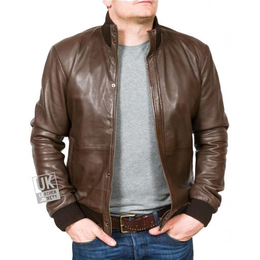 Men's Black Leather Bomber Jacket - Pacific - Open