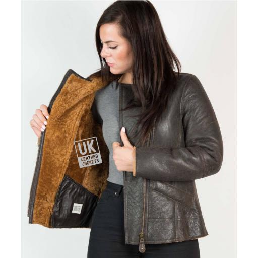 Womens Shearling Sheepskin Jacket - Anara - Brown Wool - Lining