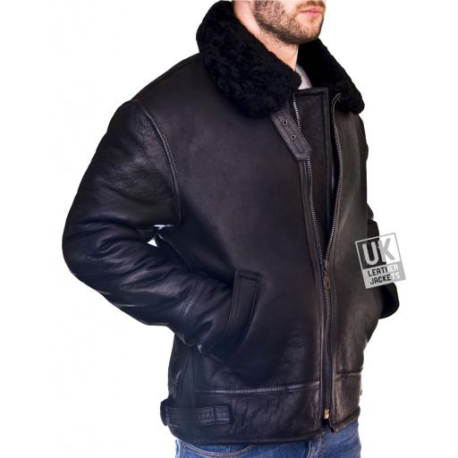 Men's Shearling Sheepskin Flying Jacket - Atlas - Black Wool - Lining