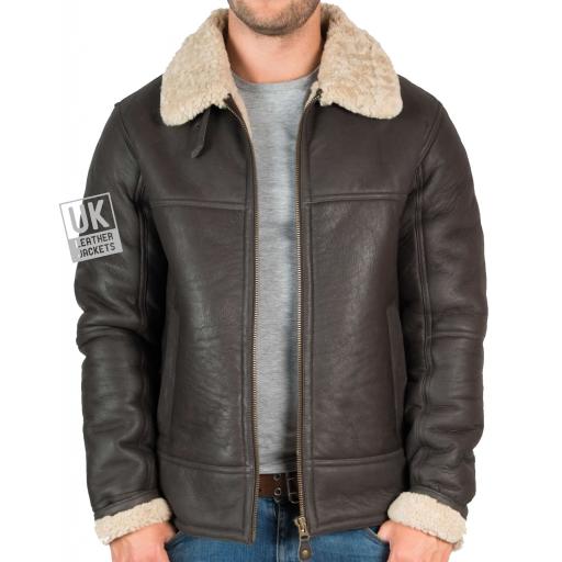 Mens Shearling Sheepskin Flying Jacket - Calgary - Brown - Unzipped