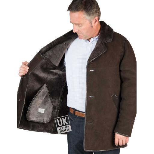 Mens Brown Shearling Sheepskin Car Coat - Foxhills - Wool Interior