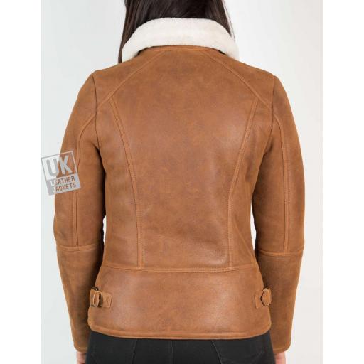 Womens Tan Shearling Sheepskin Flying Jacket - Back