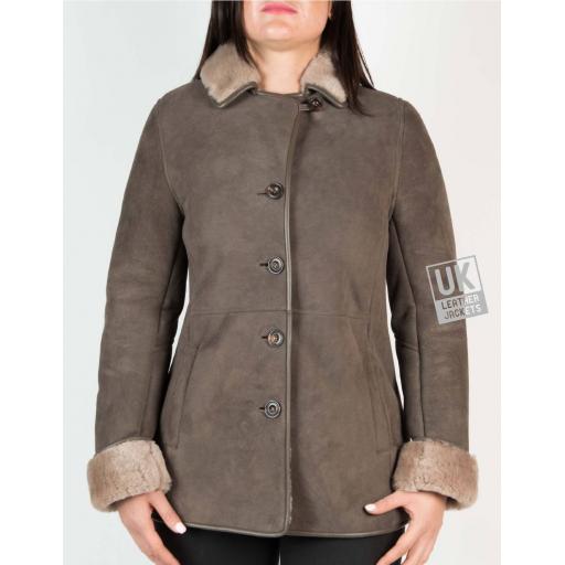 Womens Grey Shearling Sheepskin Jacket - Hip Length - Dana - Button Front to Neckline