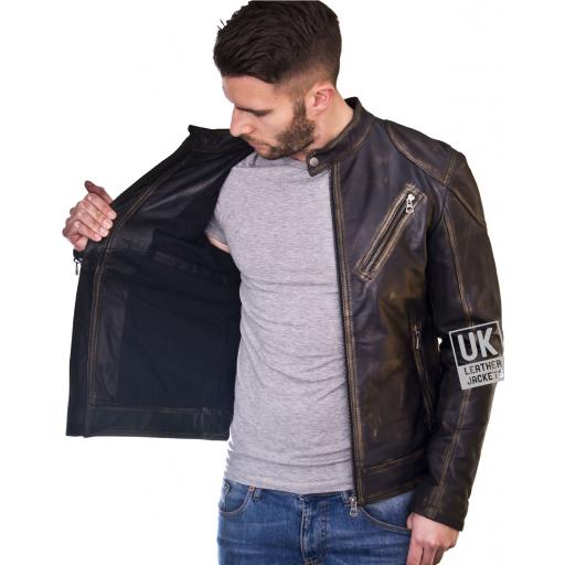 Mens Burnished Black Leather Jacket - Theo - Lining