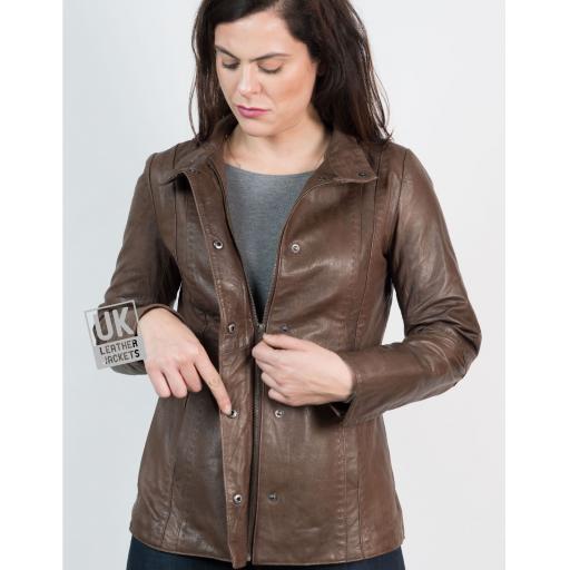 Womens Hip Length Zip Leather Jacket - Brown