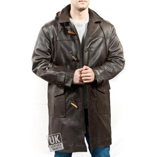 Mens Brown Nappa Leather Duffle Coat - Detach Hood - Avon - Front