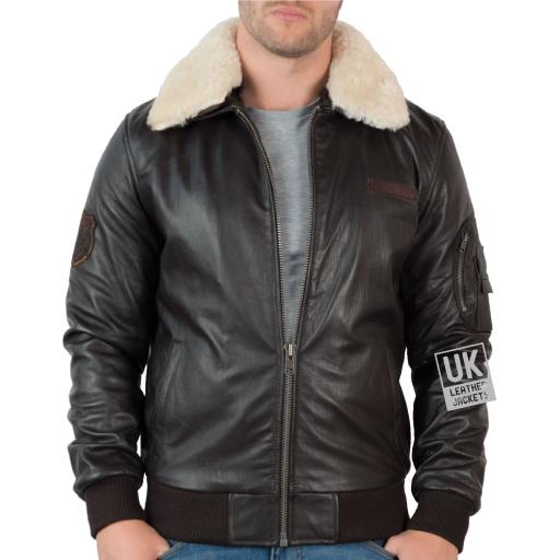 Mens Brown Leather Flying Jacket - Pilot - Detach Wool Fleece Collar - SOLD OUT