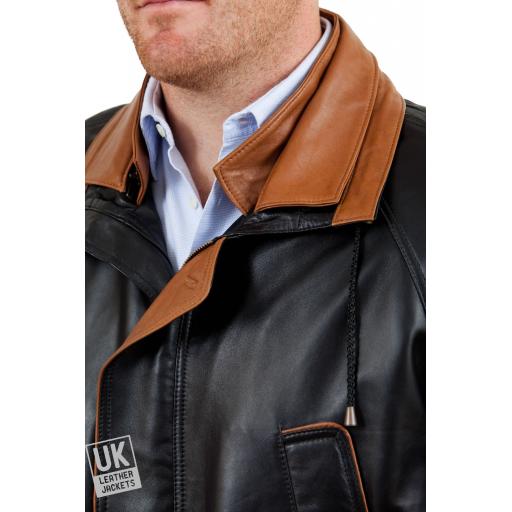 Men's Black Contrast Leather Parka Coat - Huxley - Collar