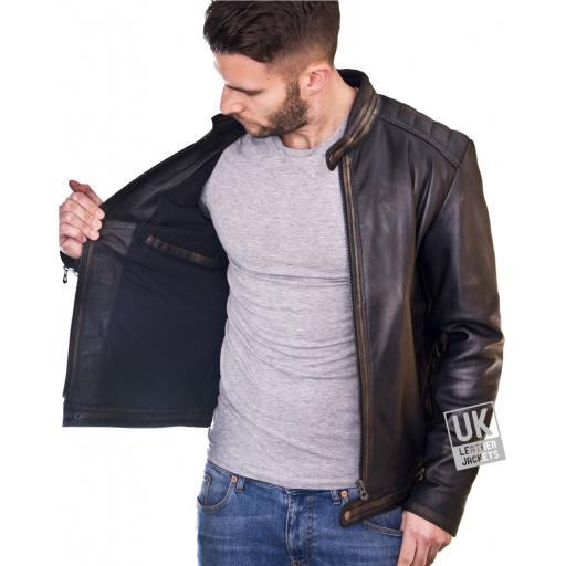 Mens Burnished Black Leather Jacket - Omega - Lining