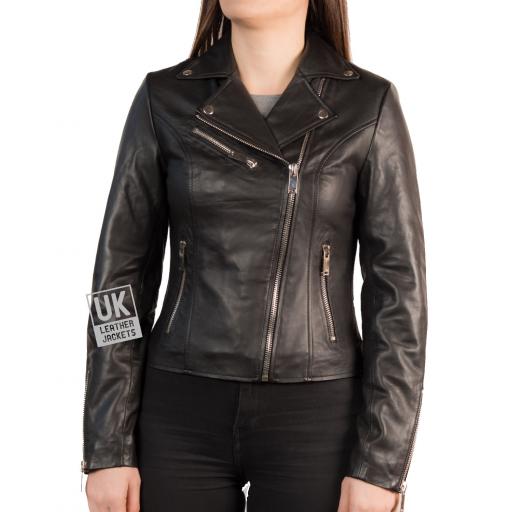 Womens Black Leather Biker Jacket – Eden - Front