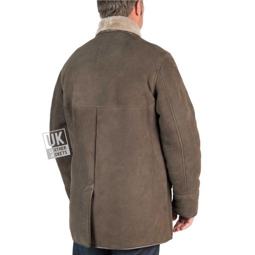 Mens Grey   Shearling Sheepskin Long Jacket - Foxhills - Back