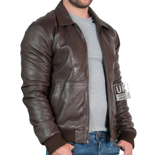 Mens Brown Leather Bomber Jacket - Bristol - Front Side