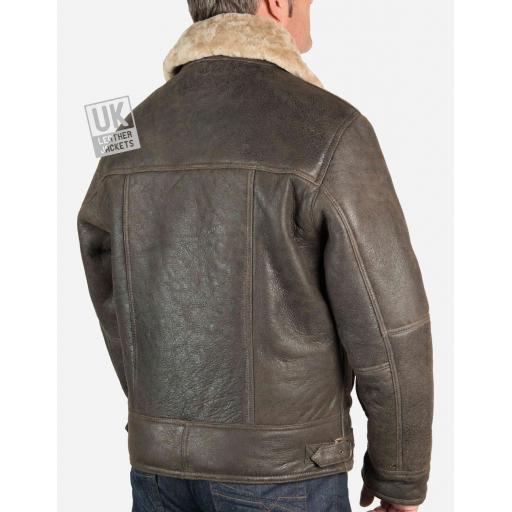 Mens Shearling Sheepskin Flying Jacket - Calgary - Vintage Matt Brown - Back