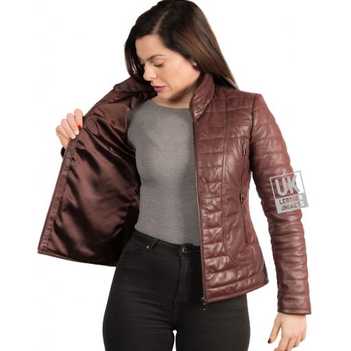 Womens Burgundy Leather Puffa Jacket - Lining