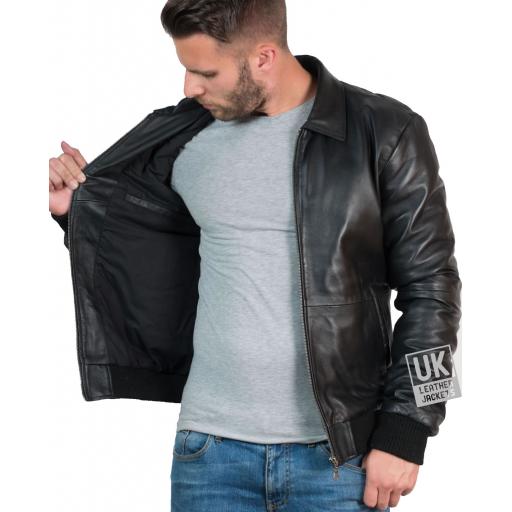 Mens Black Leather Bomber Jacket - Bristol - Lining